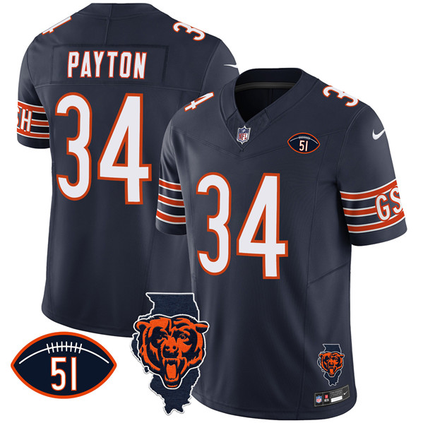 Men's Chicago Bears #34 Walter Payton Navy F.U.S.E. With Illinois and No. 51 Patch Stitched Football Jersey Men's Chicago Bears #34 Walter Payton Navy F.U.S.E. With Illinois and No. 51 Patch Stitched Football Jersey